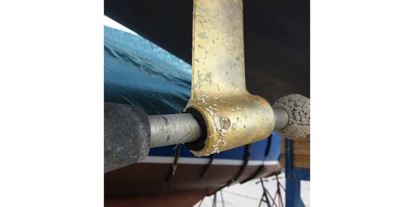 the cutlass bearing has been compressed, showing shaft damage